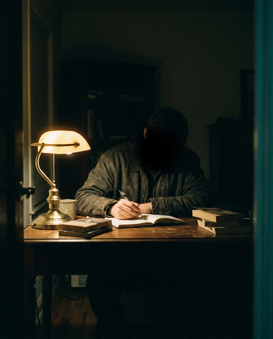 Escribiendo de noche bajo una lámpara cálida